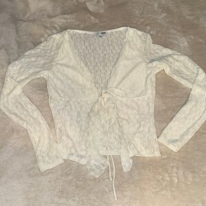 Fashion Nova Cream Lace Tie-Front Blouse